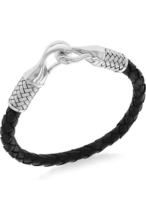 Amazon Armband aus Sterlingsilber und geflochtenem, schwarzem Leder, 21,5 cm