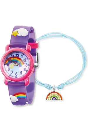 Engelsrufer Herzengel Kinder Uhrenset mit Regenbogenmotiven - analoge Armbanduhr, robustes Kunststoffgehäuse, weiches Band, 27mm, 3ATM mit passendem Nylonarmband und Stiftemäppchen
