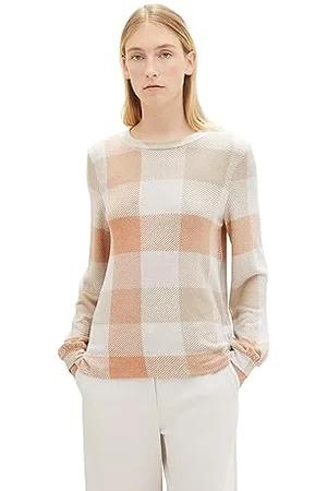 TOM TAILOR Damen 1038171 Langarmshirt mit Muster, 32500-blush orange Cosy Check, L