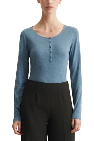 Marc O’ Polo Marc OߴPolo Damen Langarmshirt aus Bio-Baumwolle mit Knopfleiste, Blau (Hazy Blue), L