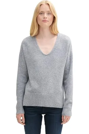TOM TAILOR Damen 1043316 Basic Strickpullover mit V-Ausschnitt, 10658-Cement Grey Mélange, S