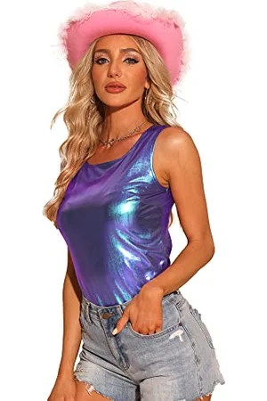Allegra K Damen U-Ausschnitt Stretchy Slim Fit Metallic Tank Top Gr. Small, Blau/Violett