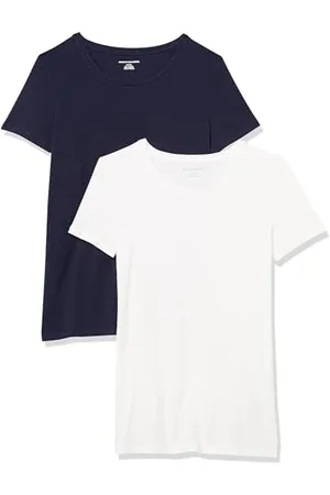 Amazon Damen Kurzärmeliges T-Shirt mit Rundhalsausschnitt, Klassischer Schnitt, 2er-Pack, , XS