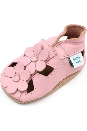 Dotty Fish Barfuß-Krabbelschuhe aus weichem Leder für Babys und Kleinkinder. Mädchen. Rosa Sandalen mit Blumenmuster. 6-12 Monate (19 EU)