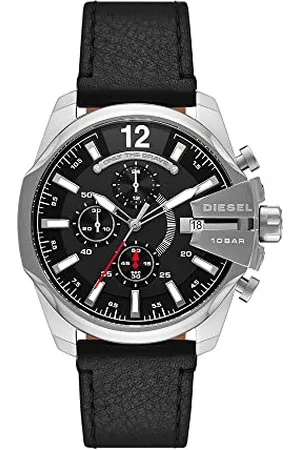Diesel Herrenuhr Baby Chief, Chronographenwerk, 43mm Silbernes Edelstahlgehäuse mit Lederarmband, DZ4592