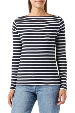 Tommy Hilfiger Damen Langarmshirt Slim Cody Rib Baumwolle, Mehrfarbig (Breton Desert Sky/Ecru), M