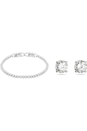 Swarovski Emily Armband, Rhodiniertes Damenarmband mit Strahlenden, Weißen Kristallen & Attract Ohrstecker, Rundschliff, , Rhodiniert
