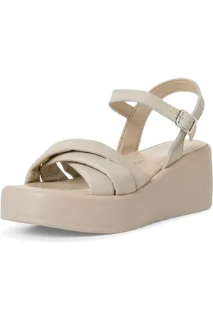 Marco Tozzi Damen Sandalen mit Keilabsatz mit Verstellbarem Riemen aus Leder, Weiß , 39 EU