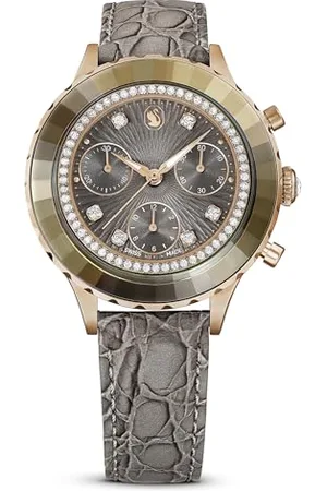 Swarovski Octea Chrono Uhr, Graue Damenuhr mit Lederarmband und Strahlenden Kristallen