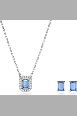 Swarovski Una Set, Blaue und Rhodinierte Halskette und Ohrringe mit Strahlenden Kristallen