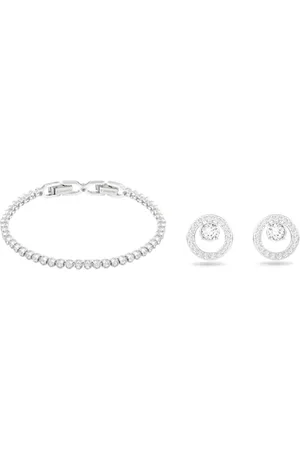 Swarovski Emily Armband, Rhodiniertes Damenarmband mit Strahlenden, Weißen Kristallen & Creativity Ohrstecker, Rund, Weiss, Rhodiniert