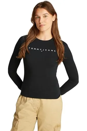 Tommy Hilfiger Damen Langarmshirt Linear Slim Fit, Schwarz (Black), L