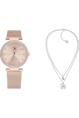 Tommy Hilfiger Analog Quarzuhr für Damen mit Roségoldfarbenes Edelstahl-Mesh-Gliederarmband - 1782508 Jewelry Halskette für Damen aus Edelstahl mit Kristallen - 2780067