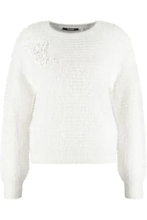 Taifun Damen Flauschiger Pullover mit Pailletten-Detail Langarm, Ärmelbündchen, überschnittene Schultern unifarben 42