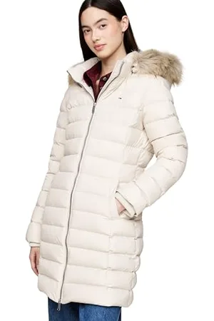 Tommy Hilfiger Damen Daunenmantel Essential Hooded Down Coat mit Kunstpelz, Elfenbein (Newsprint), S