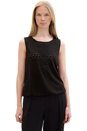 TOM TAILOR Damen Basic Jacquard Top mit Lochstickerei , deep black, XXL