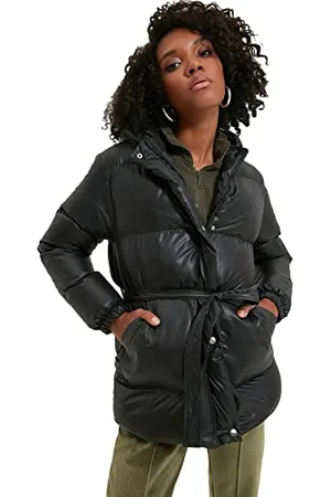 Trendyol Damen Black Hooded Mobile Detailed Arched Coat, , M EU