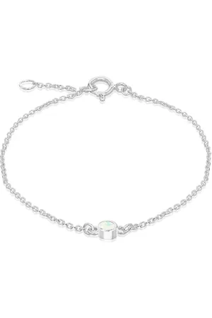 Amazon Armband aus Sterlingsilber, verstellbar, weißer künstlicher Opal-Cabochon, Geburtsstein Oktober, 16–18 cm