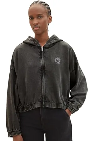 TOM TAILOR Damen Cropped Sweatjacke mit Kapuze, deep black, XXL