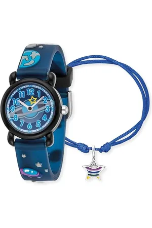 Engelsrufer Herzengel Kinder Uhrenset mit Astronaut Motiv - analoge Armbanduhr, robustes Kunststoffgehäuse, weiches Band, 27mm, 3ATM mit passendem Nylonarmband und Stiftemäppchen
