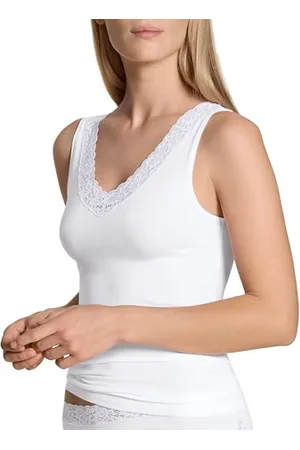 Calida Natural Comfort Lace Tank-Top Damen, V-Ausschnitt, aus hochwertiger Supima-Baumwolle