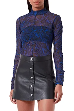 HUGO BOSS Damen Dikarau Top aus elastischem Mesh mit Stehkragen und Rüschen-Details Blau L