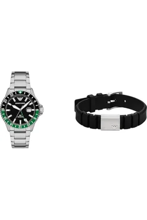 Emporio Armani Herrenuhr Silber Edelstahl und Armband Silikon Schwarz, Set