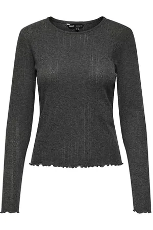 ONLY Damen Einfarbiges Langarm Shirt Basic Rundhals Rollkanten Top Longsleeve Oberteil ONLCARLOTTA, Farben:Dunkelgrau, Größe:L
