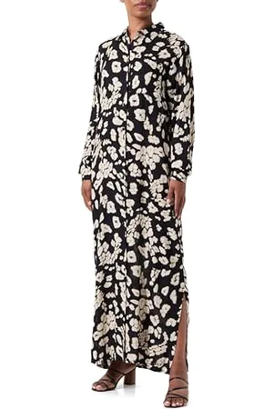 Kaffe Damen Shirt, Maxi, Lange Ärmel, lässige Passform, Buttons Kleid, Schwarz/Sand Leo Print, 34