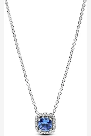 PANDORA Timeless Funkelnder Eckiger Blauer Strahlenkranz-Halsketten- Anhänger aus Sterling Silber mit Zirkonia, Größe 45cm, 393560C01-45