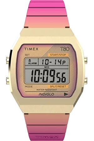 Timex T80 Unisex-Armbanduhr, 36 mm, rosa Kunstharzarmband, digitales Zifferblatt, goldfarbenes Gehäuse TW2V74400