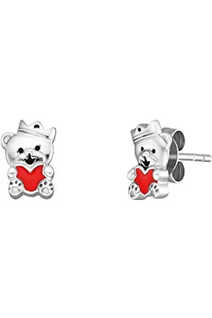 HERZENGEL Mädchen Kinder Ohrstecker Ohrringe aus Sterling Silber mit silbernem Teddybär und rotem Herz aus Emaille - Steckverschluss - nickelfrei