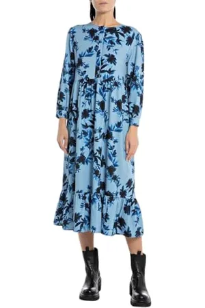 Replay Damen Maxikleid Langarm All Over Print, (Blau), XL