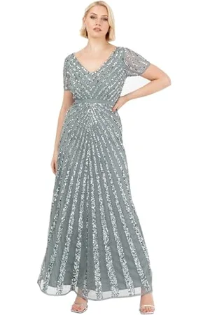 Maya Deluxe Damen Pailletten Maxi Abendkleid Elegant für Hochzeit V-Ausschnitt A-Linien-Schnitt Brautjungfernkleid, , 40