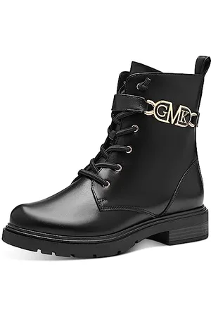 Marco Tozzi By Guido Maria Kretschmer Damen Stiefeletten zum Schnüren aus Kunstleder mit Reißverschluss, Schwarz (Black/Gold), 38 EU