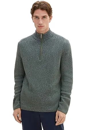 TOM TAILOR Herren 1038243 Mouliné Strick-Pullover mit Troyer-Kragen, 32741-green Blue Mouline, L