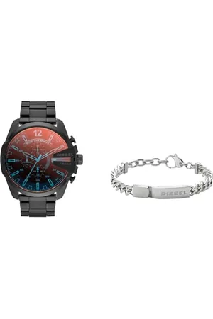 Diesel Herrenuhr Mega Chief, Chronographenwerk, 59 mm, schwarzes Edelstahlgehäuse mit Edelstahlarmband, DZ4318 & Armband Für Männer, 18 cm - 19,5 cm Silbernes Edelstahlarmband, DX0966040