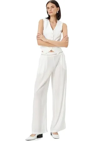 Koton Women Embroidered Medium Rise Pocket Detail Wide Leg Trousers