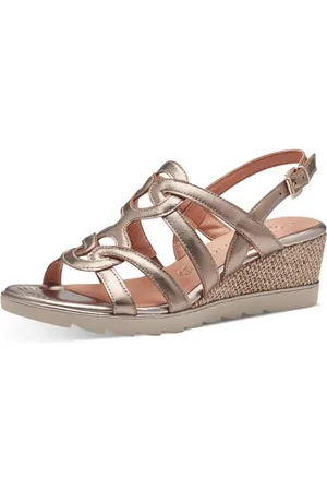 Marco Tozzi Damen Sandalen mit Keilabsatz mit Verstellbarem Riemen aus Leder, Metallisch , 41 EU