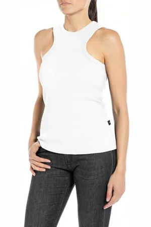 Replay Damen Tank Top Höher geschnitten, (Weiß), L