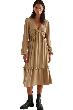 NA-KD Damen Midi-Rüschenkleid mit Ballonärmeln Lässiges Kleid, , 38