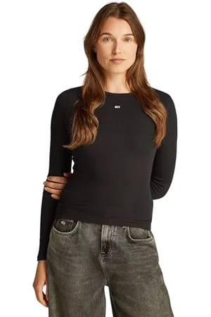 Tommy Hilfiger Damen Langarmshirt Slim Fit Essential aus Baumwolle, (Black), L