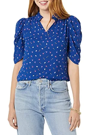 Amazon Damen Leichte, gewebte Georgette-Bluse mit halben Ärmeln und Rüschenausschnitt, , XS