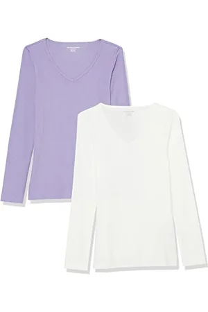 Amazon Damen Langärmliges Rippstrick-Lagen-Top mit V-Ausschnitt in schmaler Passform (erhältlich in Übergröße), 2er-Pack, , XL