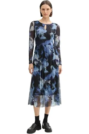 TOM TAILOR Damen Midi Mesh-Kleid mit transparenten Ärmeln, , 40