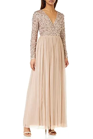 Maya Deluxe Damen Ladies Maxi Dress Women with Long Sleeves V Neckline Plunging Sequin Embellished for Wedding Guest Bridesmaid Prom Kleid, , 52
