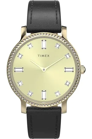 Timex Trend Damen-Armbanduhr, 34 mm, schwarzes, zweiteiliges Lederarmband mit Schnellverschluss, goldfarbenes Zifferblatt, goldfarbenes Gehäuse TW2W84600