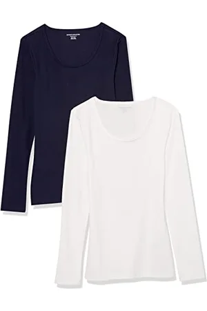 Amazon Damen Gerippter Pullover mit geripptem U-Ausschnitt mit schmaler Passform (erhältlich in Übergröße), 2er-Pack, , S