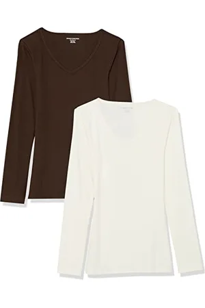 Amazon Damen Langärmliges Rippstrick-Lagen-Top mit V-Ausschnitt in schmaler Passform (erhältlich in Übergröße), 2er-Pack, , 6XL Große Größen
