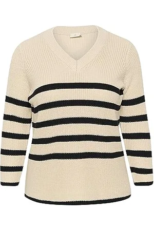 Kaffe Plus-Size Damen Knitted Pullover Lang Ärmel V-Ausschnitt Streifen, Sand Dollar/Black Stripe